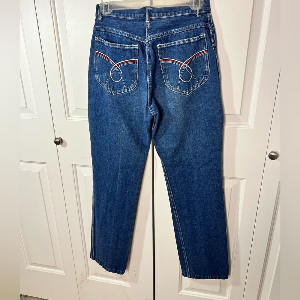 Stylish Blue Straight Leg Jeans with Red and White Accents